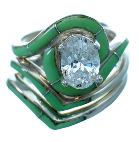 Turquoise Inlay Sterling Silver Cubic Zirconia Wedding Ring Set Size 6-1/2 LX113087